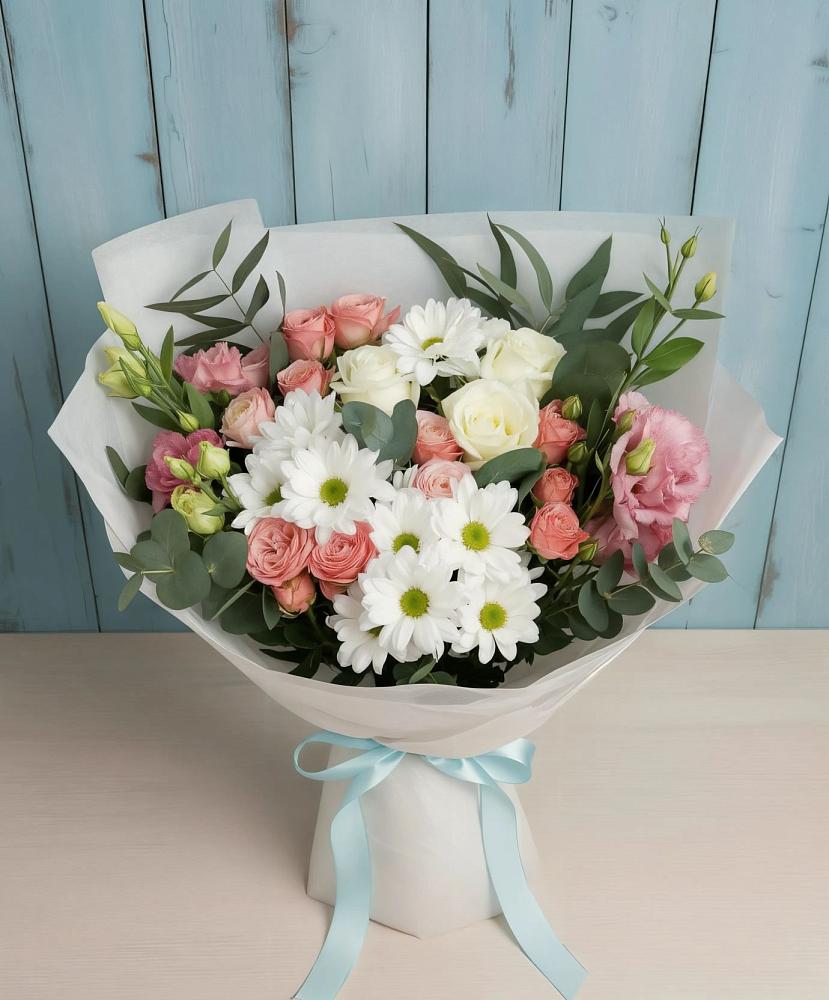 Букет цветов из: Розы, Лизиантусы и Хризантемы в Уторгош