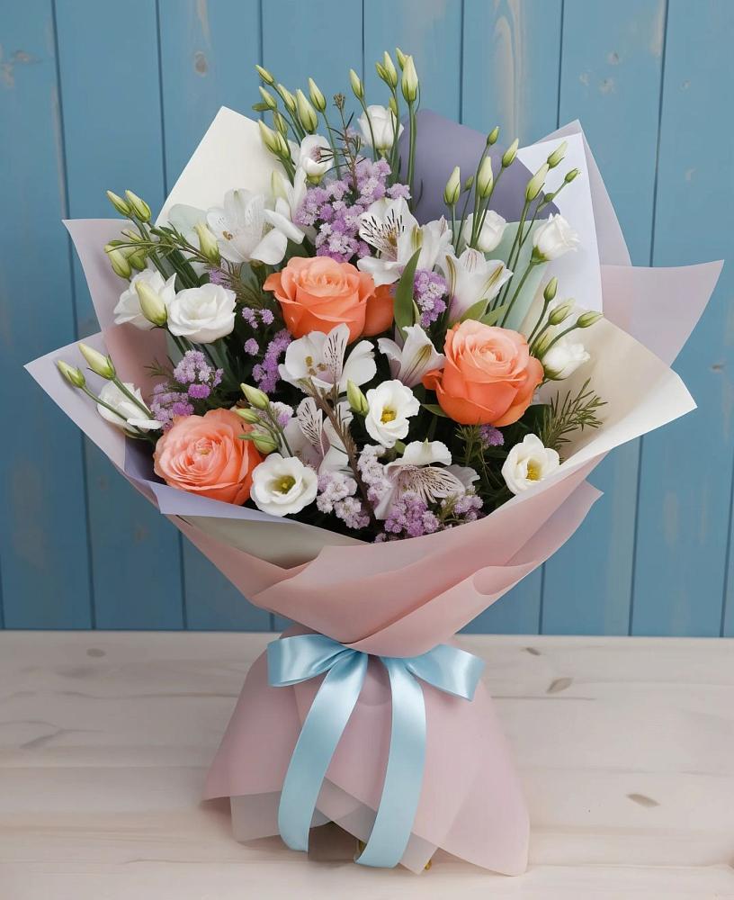 Букет цветов из: Лизиантусы, Розы, Альстромерии и Гипсофила в Уторгош