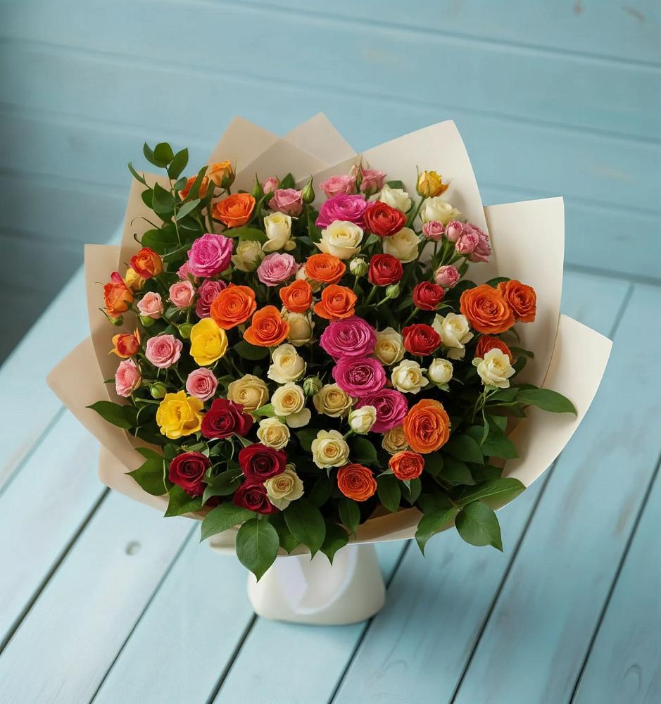 Букет Микс из разноцветных кустовых роз в Уторгош