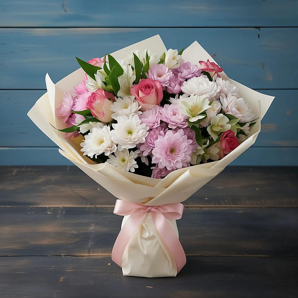 Букет цветов из: Хризантемы, Альстромерии и Розы в Уторгош